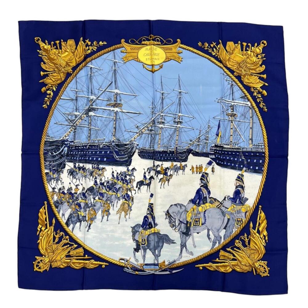 HERMES Marine et Cavalerie (Sea and Cavalry) Carre 90 Scarf/Muffler, Silk, Na...